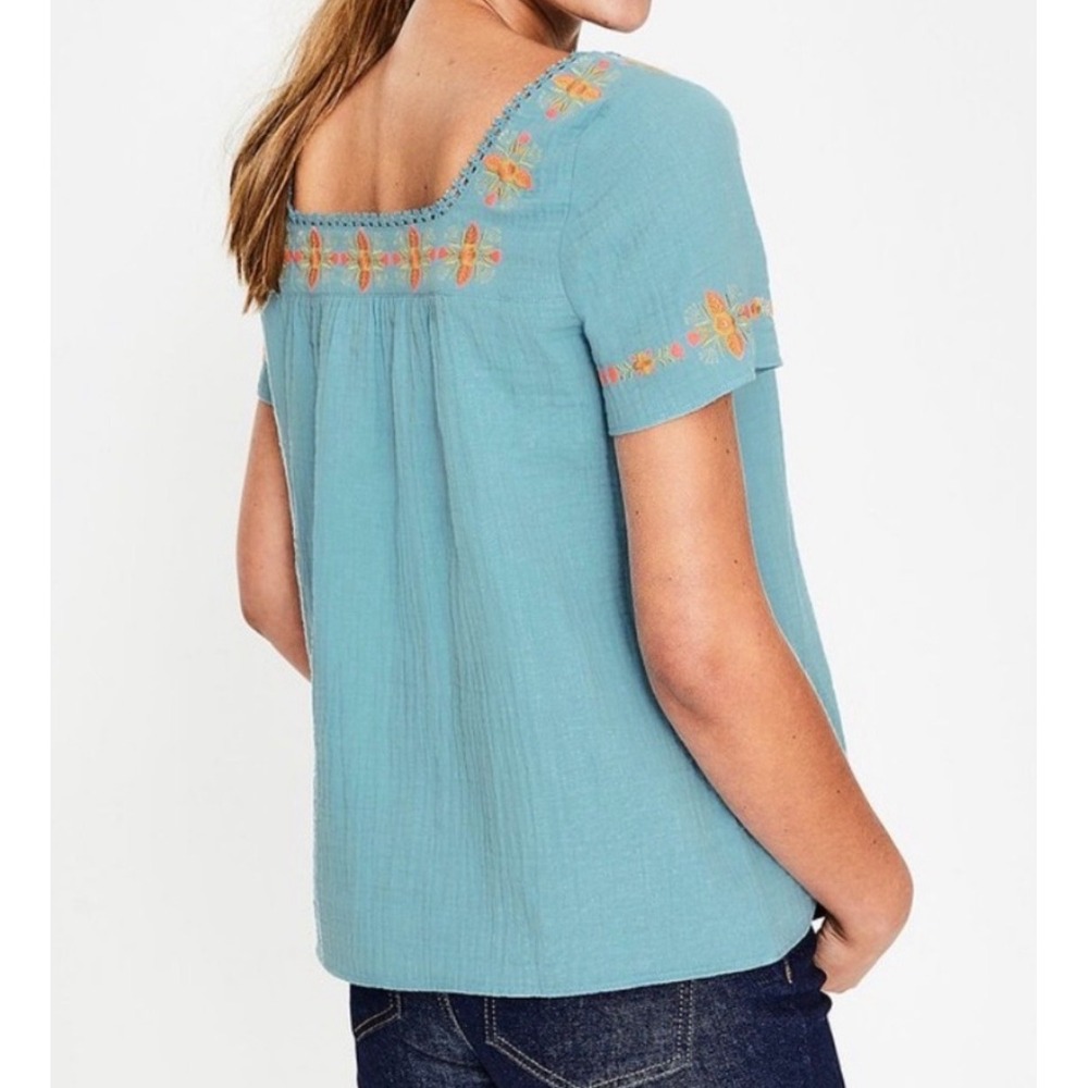 Boden Peasant Boho Cotton Gauze Embroidered Square Neck Top Womens 8 Coastal